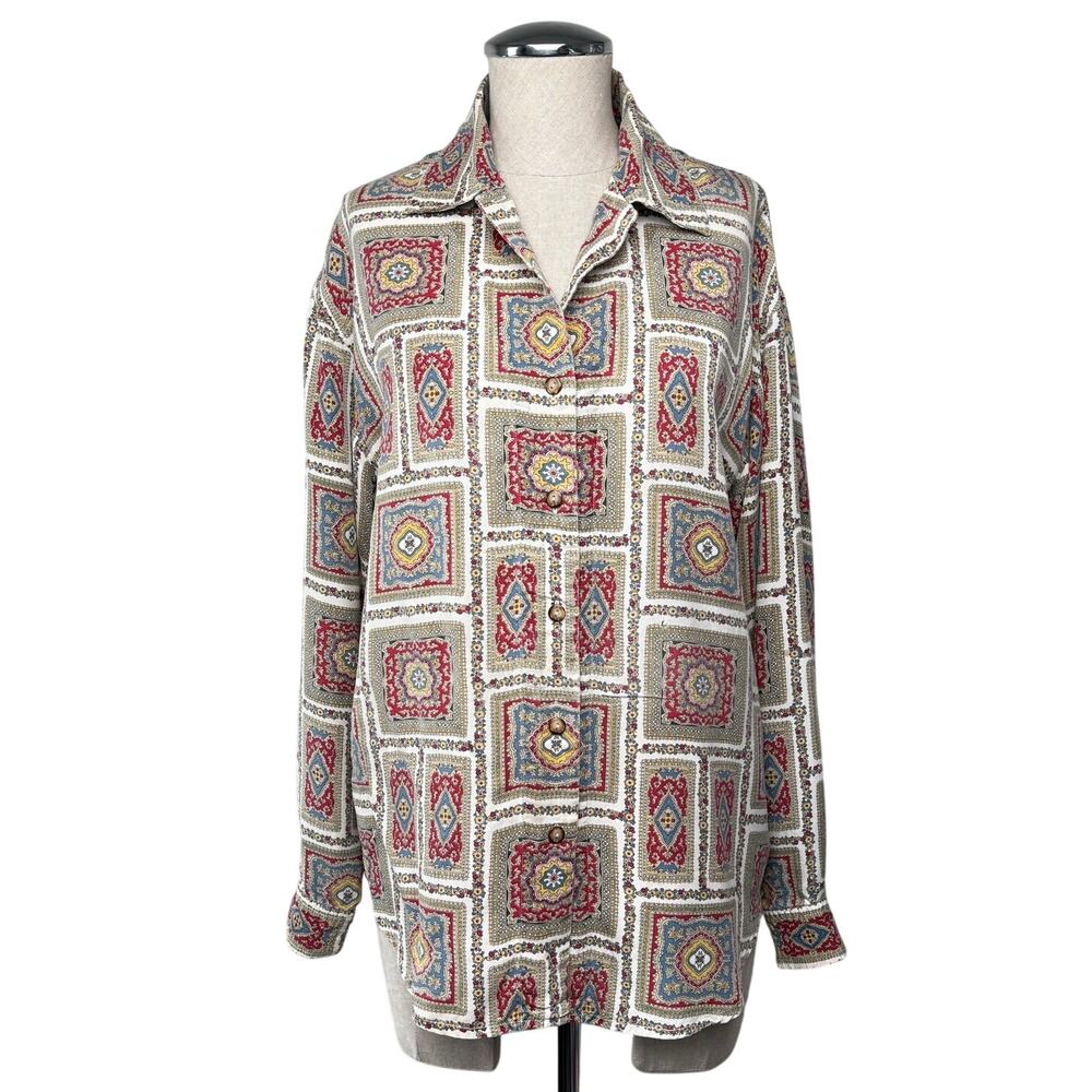 Lizwear Geo Tile Print Rayon Button Down Shirt Boho Vintage Distressed S